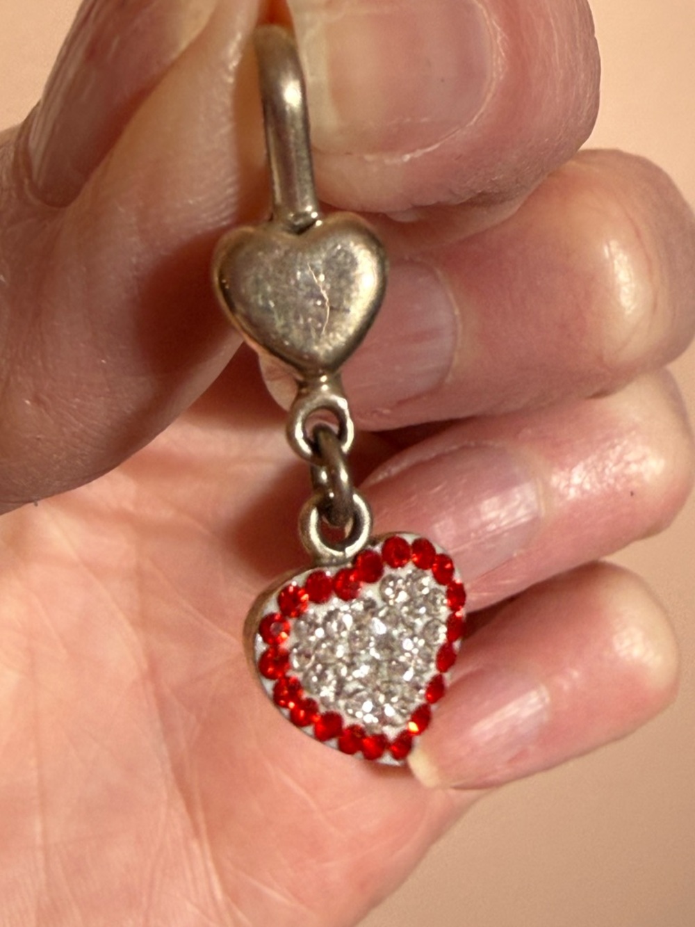 Vintage sterling silver Red rhinestone heart Dangle pendent Necklace delicate - Picture 9 of 15